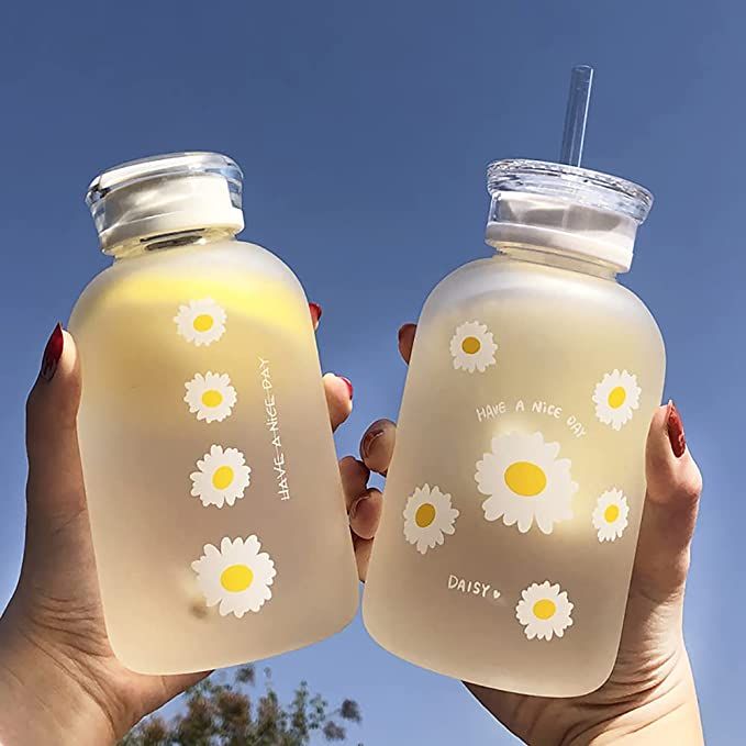 480ml Milk Juice Cute Water Bottle with Scale 2 Lids Little daisy Matte Portable Transparent Wate... | Amazon (US)