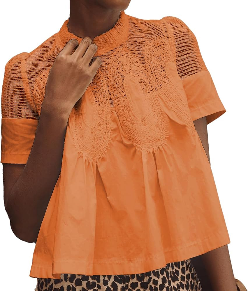 VAOYIU Women Lace-Detail Flared Blouse Short-Sleeve Crew Neck Lace Poplin Mesh Swing Top Elegant ... | Amazon (US)