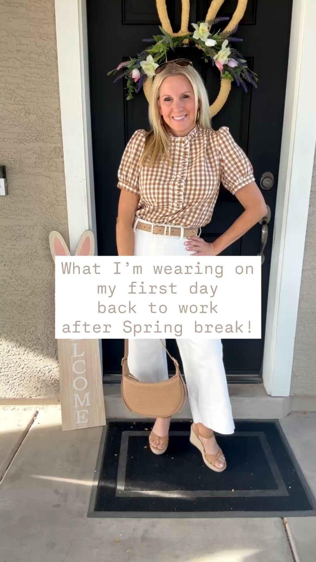 Isn’t this gingham top the cutest?! I absolutely love how it pairs with white ankle denim & neutral accessories to create an adorable elevated casual Spring look!

Wearing my usual size S top, 4/27 jeans, & 7 sandals. 