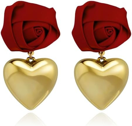 Mintolex Gold Rose Flower Heart Earrings for Women Large Heart Love Drop Dangle Earrings Valentin... | Amazon (US)