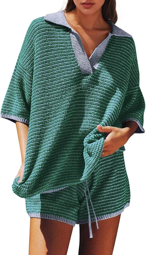 Dokuritu Womens Short Sets 3/4 Sleeve Striped Oversized Sweater Set Casual V Neck Knit Tops High ... | Amazon (US)