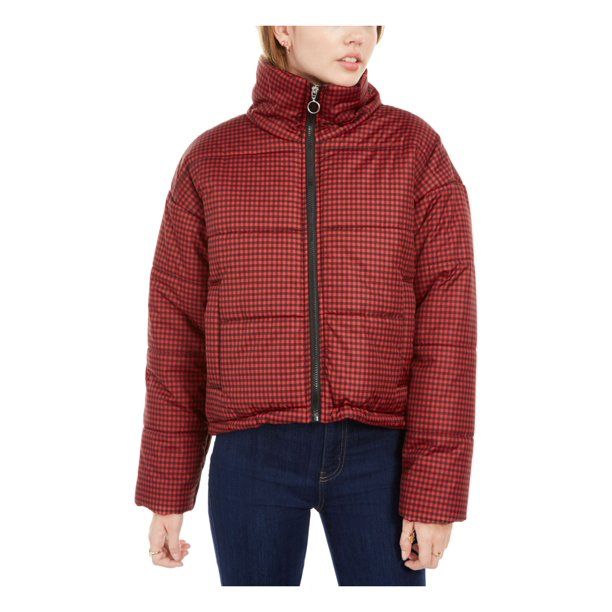 Celebrity Pink Womens Crop Plaid Puffer Coat Red S - Walmart.com | Walmart (US)