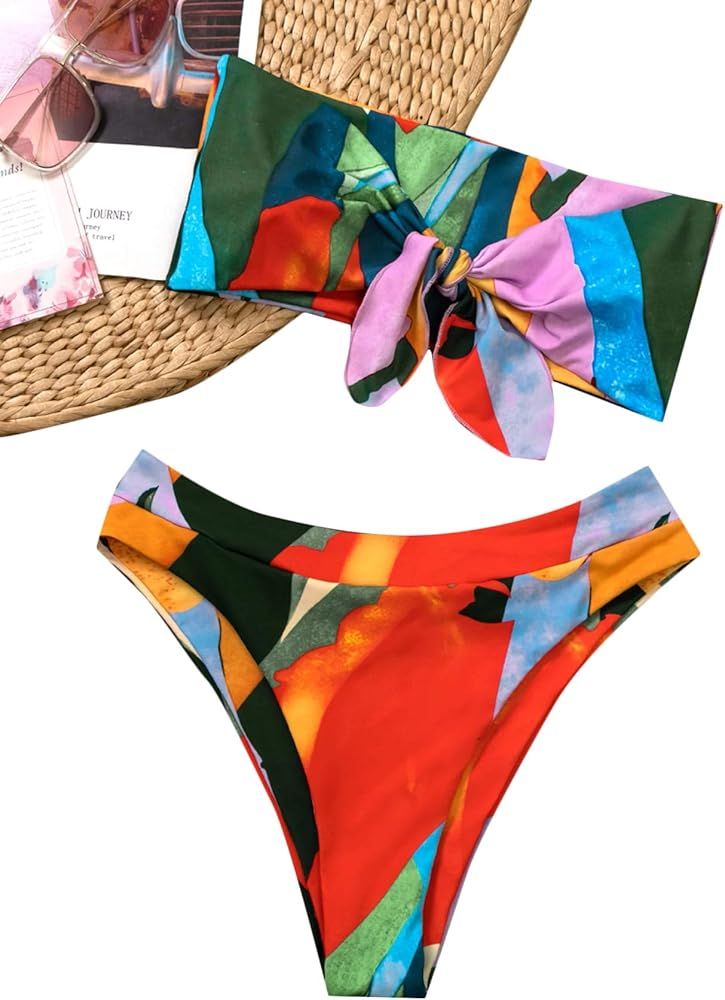 SheIn Women's Graphic Swimsuit Bikini Set Knot High Waist Bathing Suit Swimwear | Amazon (US)