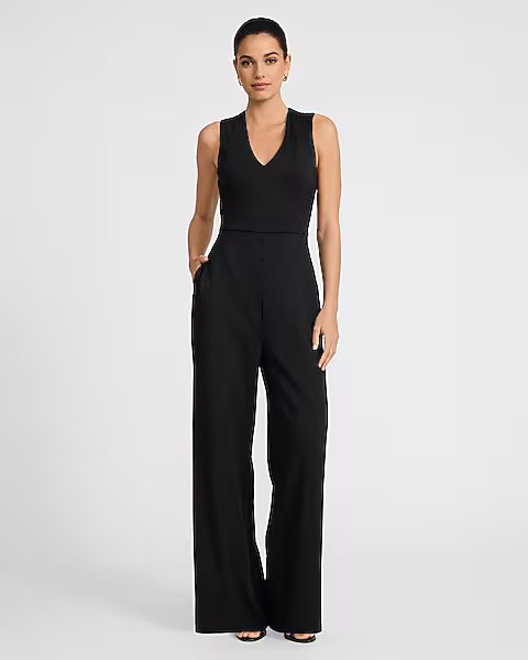 Signature Ponte V-Neck Cross Back Wide Leg Jumpsuit with Pockets | Express