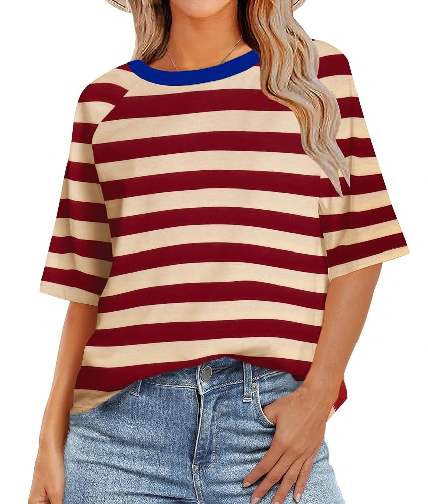 Zeagoo Womens T Shirts Summer Casual Oversized Crewneck Loose Fit Short Sleeve Striped Tops Fashi... | Amazon (US)