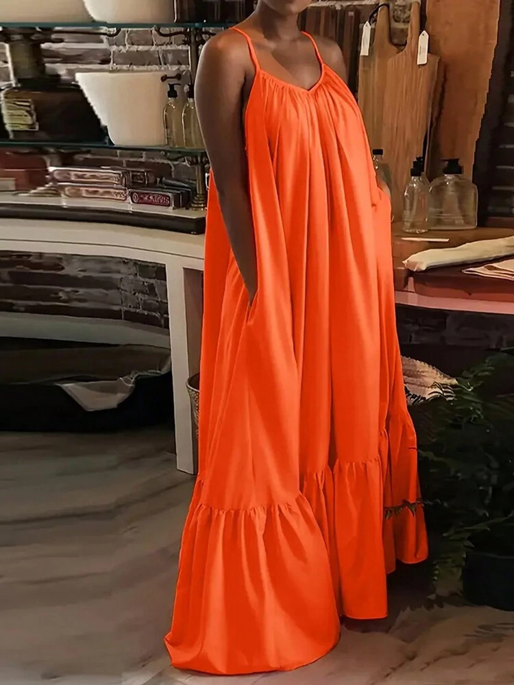 V-Neck Sleeveless Ruffle Hem Long Pocket Dress Summer Elegant Party | SHEIN