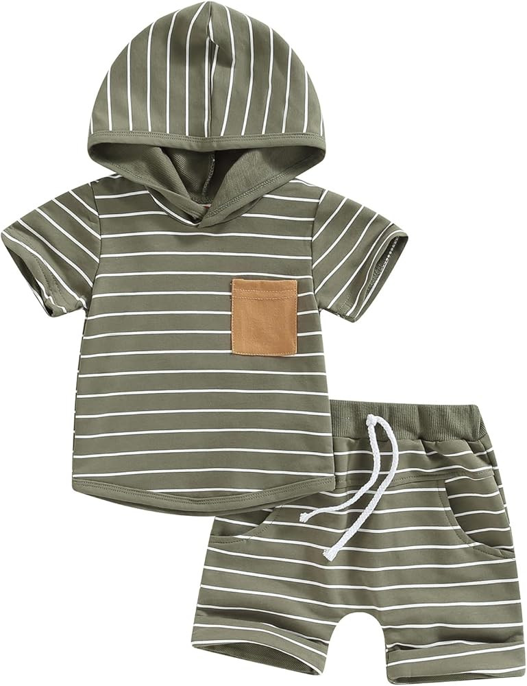 Toddler Baby Boy Summer Outfit Solid Hooded Short Sleeve T Shirt Checkerboard Shorts Cute Infant ... | Amazon (US)