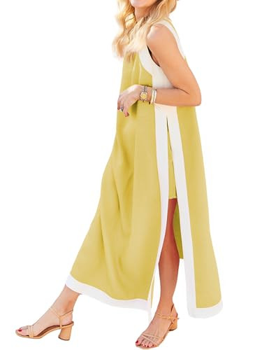 Hooever Women's 2 Piece Sets Boho Color Block Sleeveless Maxi Dress Matching Shorts with Pockets | Amazon (US)