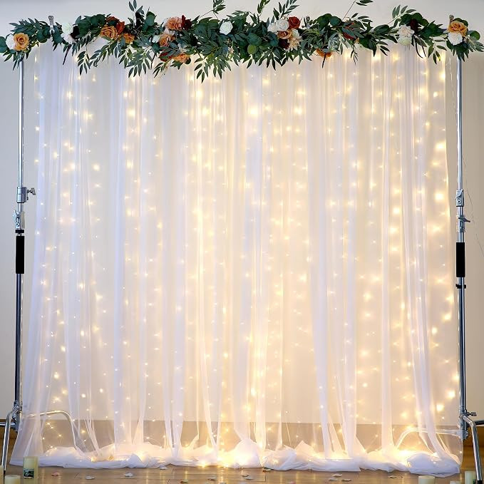 White Tulle Backdrop Curtain with Lights String for Parites 10×8ft Sheer Backdrop Curtains White... | Amazon (US)