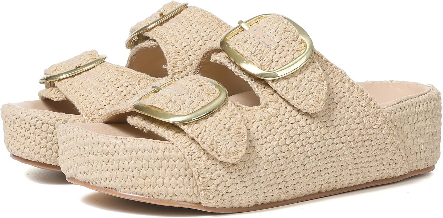 Platform Sandals For Women Raffia Espadrilles Open Toe Flatform Sandals Slip On Slide Sandals Cas... | Amazon (US)
