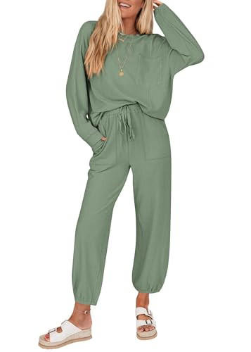 KIRUNDO Lounge Sets for Women 2025 Fall Travel Airport Outfits Ribbed Knit Tops Jogger Pants Tracksuit Postpartum Comfy Set(Bean Green, Medium) | Amazon (US)
