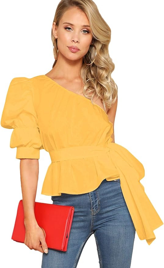 Romwe Women's One Shoulder Short Puff Sleeve Self Belted Solid Blouse Top | Amazon (US)