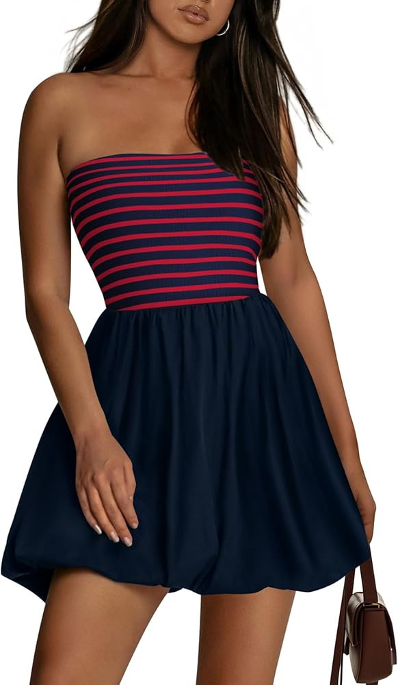 KIRUNDO Strapless Dress for Women Bubble Hem Summer Sexy Tube Top 2025 A Line Patchwork Mini Beac... | Amazon (US)
