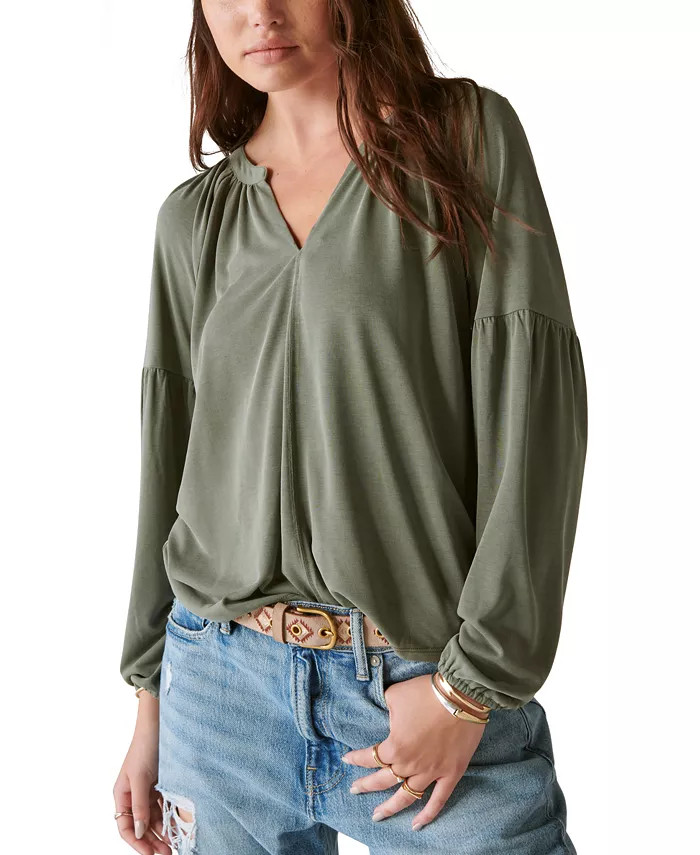 Women's Long-Sleeve Notched-Neck Top | Macy's
