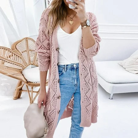 Cardigan Sweaters for Women Loose Womens Cardigans Lightweight 100% Cotton Women s fall cardigan sweater button long-sleeved solid color casual loose new hollowed out Lightning Deals Of Today Prime | Walmart (US)