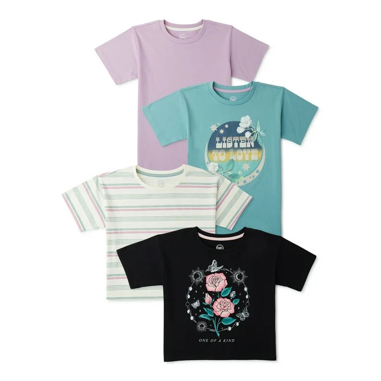 Wonder Nation Girls' Graphic, Stripe, and Solid Tees, 4-Pack, Sizes 4-18 & Plus - Walmart.com | Walmart (US)