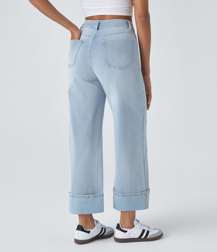 Women’s Halara Flex™ High Waisted Multiple Pockets Rolled Hem Wide Leg Washed Stretchy Knit C... | HALARA