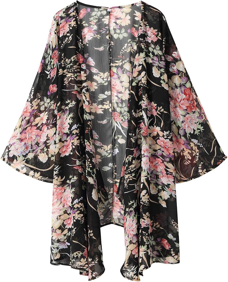 OLRAIN Women's Floral Print Sheer Chiffon Loose Kimono Cardigan Capes | Amazon (US)
