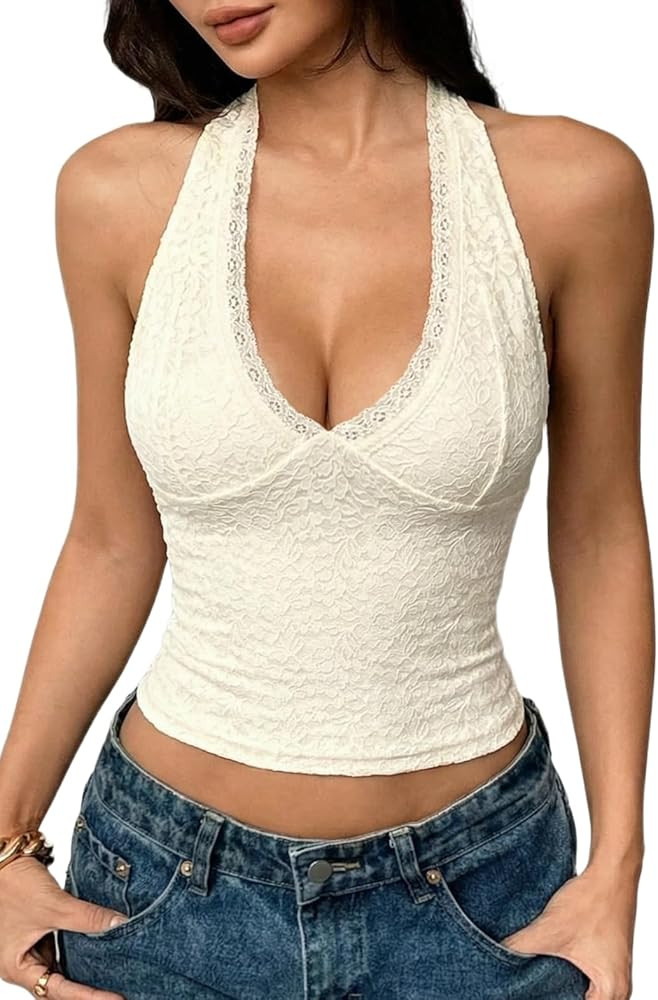 QINSEN Women's Lace Halter Top V Neck Tie Back Double-Layer Tank Top Backless Sleeveless Slim Fit... | Amazon (US)
