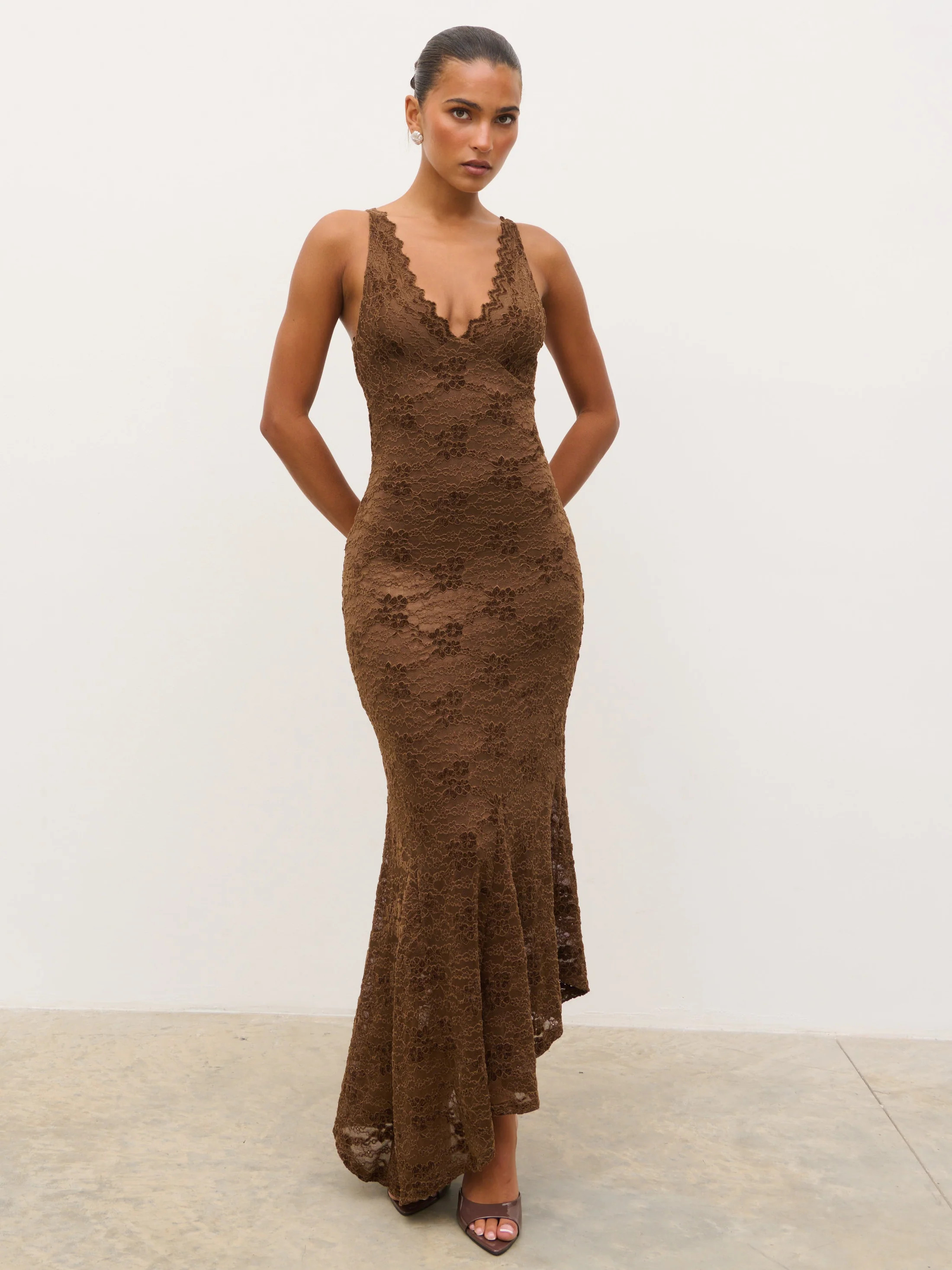 Zoey Lace Midaxi Dress - Brown | Pretty Lavish (UK)