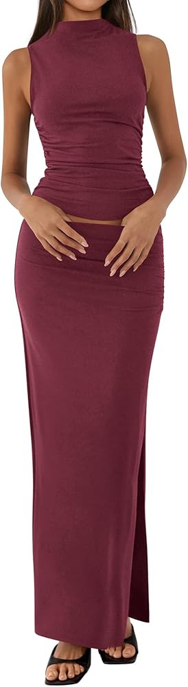 BTFBM Womens Two Piece Outfits Summer Lightweight 2026 Mock Neck Sleeveless Knit Tops Maxi Skirt ... | Amazon (US)