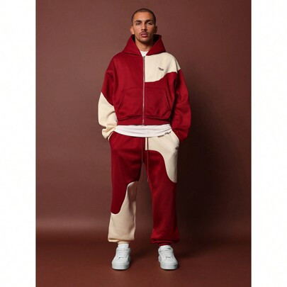 Crop Fit Zip-Up Colour Block Hoodie And Loose Fit Jogger With Embroidered 2 Piece Set | SHEIN