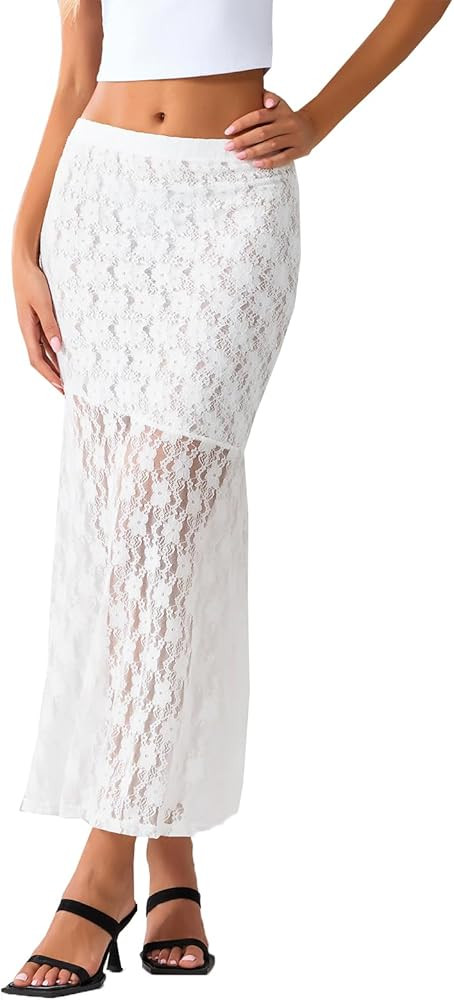 Women Sheer Lace Maxi Skirt Sexy High Waisted See Through Long Skirt for Party Club Streetwear | Amazon (US)