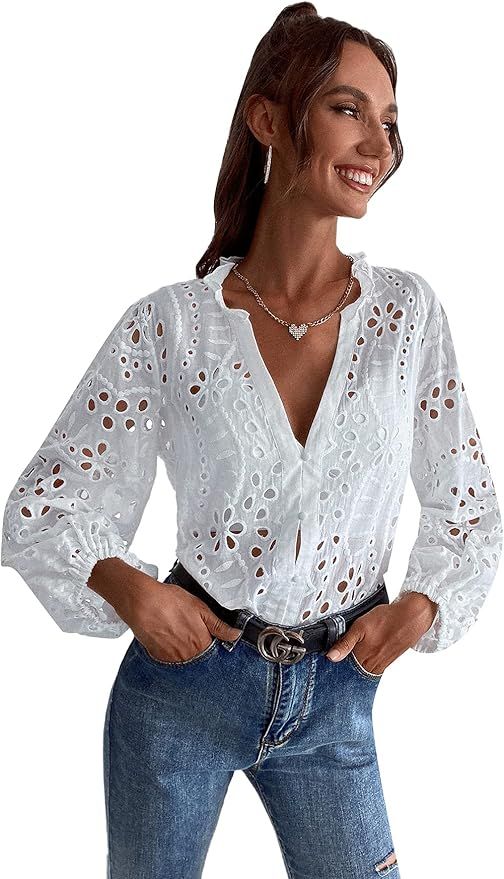 SheIn Women's Long Sleeve Embroidery Eyelet Tops V Neck Frill Trim Blouse Shirt | Amazon (US)