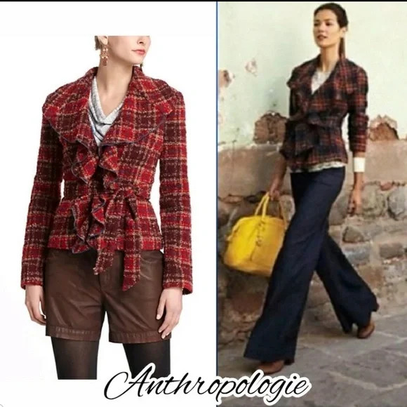 Tabitha / Anthropologie plaid jacket coat ruffle red wool XXS 0 dressy belted | Poshmark