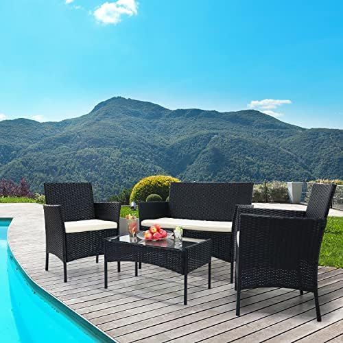 Patio Furniture Set, 4 Pieces Wicker Rattan Table and Chairs Sofa Conversation Set Outdoor Furniture | Amazon (US)