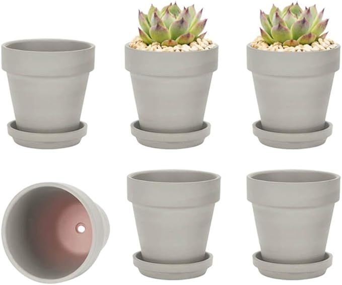 4 Inch Gray Clay Pot for Plant with Saucer - 6 Pack Small Terra Cotta Plant Pot with Drainage Hol... | Amazon (US)