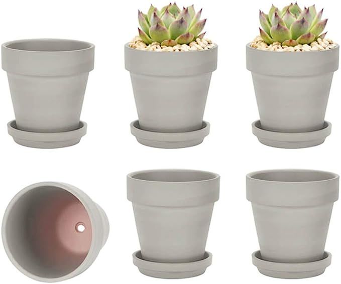 4 Inch Gray Clay Pot for Plant with Saucer - 6 Pack Small Terra Cotta Plant Pot with Drainage Hol... | Amazon (US)