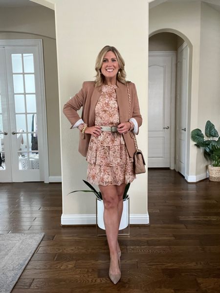 Blazer is lined and stretchy. This is the color CORK.  Long sleeve tiered dress. Elastic waistband. Gold thread detail. Runs tts. The BEST Tahoe suede pumps. Designed to be comfortable all day long!!! 
Discount code for dress and blazer: CINDY10 
Discount code for pumps: CINDY10

#LTKover40 #LTKworkwear #LTKshoecrush