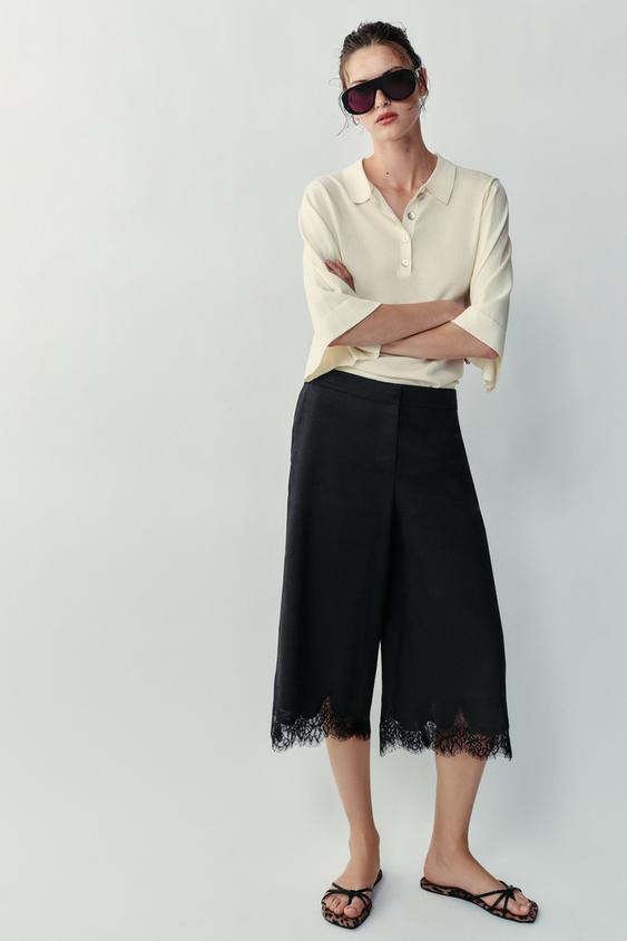 Zara - Long Linen Lace Shorts - Black - Xl - Woman | Zara Canada