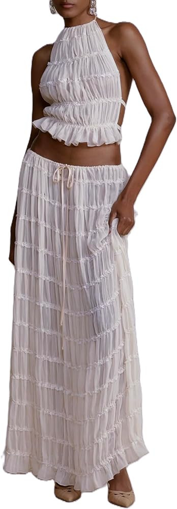 Womens 2 Piece Maxi Skirt Set Lace Up Sleeveless Tank Top and Flowy Long Skirt 2024 Summer Beach ... | Amazon (US)
