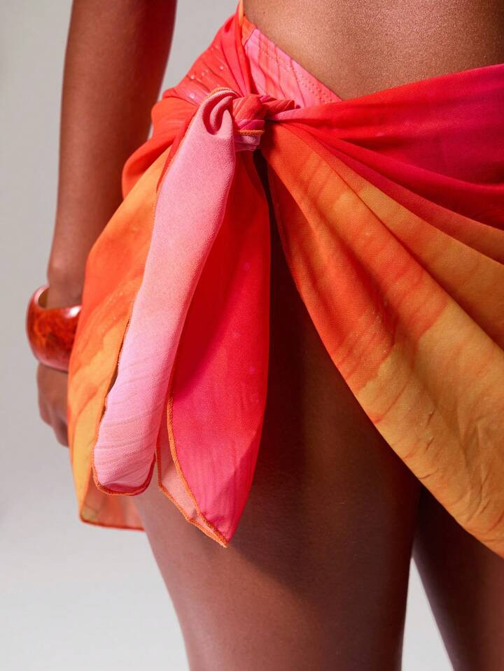 Musera Resort Floral Graphic Print Tie Side Sheer Chiffon Cover Up Mini Skirt Sarong Ibiza Sexy Vacation Holiday Spring Summer Festival Beachwear Romantic Elegant Birthday Swim Tequila Sunrise | SHEIN