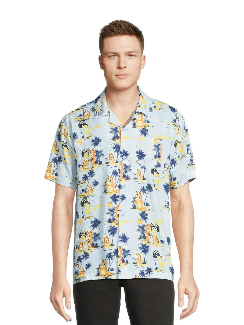 Bluey Men’s Hawaiian Print Button-Up Shirt with Short Sleeves, Sizes XS-3XL | Walmart (US)