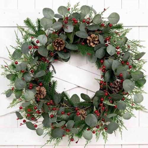 Christmas Wreath 24inch Christmas Wreaths for Front Door Xmas Red Berry Wreath with Eucalyptus Le... | Amazon (US)