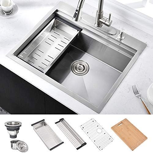 25 Inch Handmade Drop In Kitchen Sink-HOSINO Stainless Steel Workstation Sink 16 Gauge Double Led... | Amazon (US)