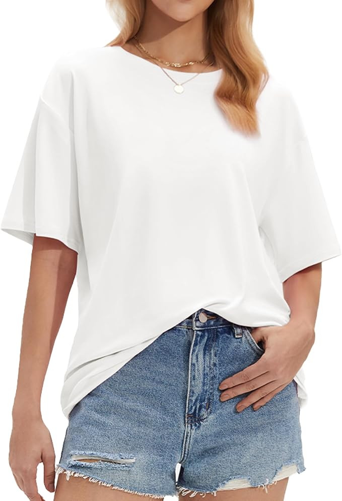 Stelle Non See Through Oversized T Shirts Women Crew Neck Short Sleeve Summer Tops Soft Basic Tee... | Amazon (US)