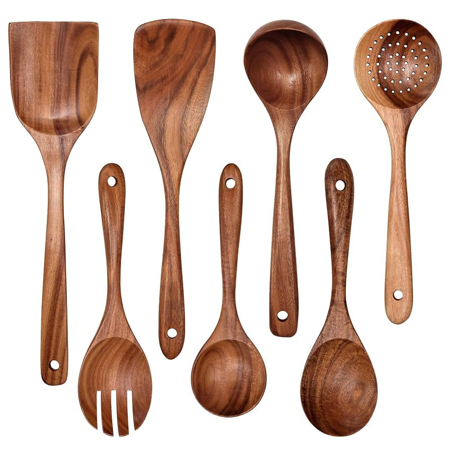 Wooden Non-Stick Kitchen Pan Toolset 7 Pieces Set,100% Natural Teak Kitchen Utensils Spatula, Woo... | Amazon (US)