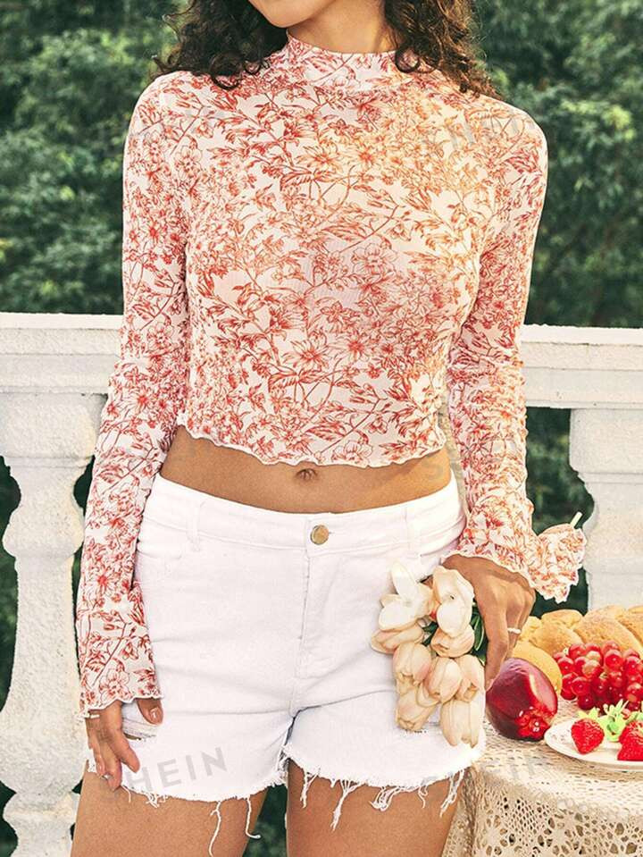 SHEIN WYWH Vacation Style Crop Top With Plant Print And Stand Collar | SHEIN