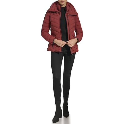 DKNY Women's Bib-Front Light-Weight Hooded Puffer Jacket, Deep Bricklane, X-Large | Amazon (US)