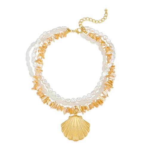 HolidayQbee Gold Seashell Necklace For Women With Beach Puka Shells And Bead Chains Beach Shell Pendant Necklace Ocean Chains Necklaces Fashion Summer Necklaces Jewelry | Amazon (US)
