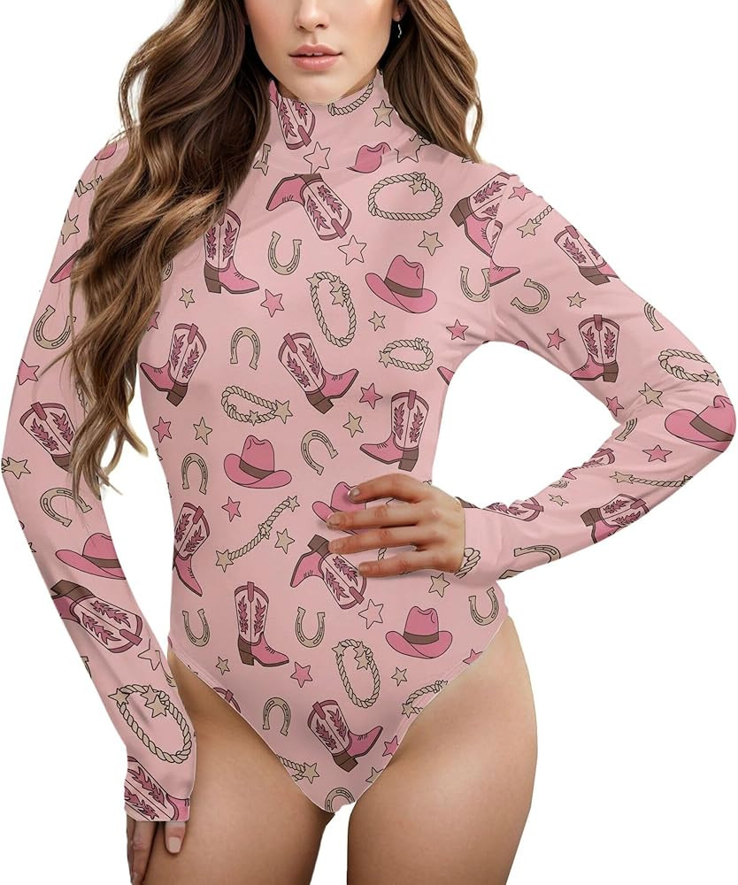 Exnundod Women Long Sleeve Bodysuit Cowboy Boots Horseshoes Stars High Neck Jumpsuits Turtlenecks... | Amazon (US)