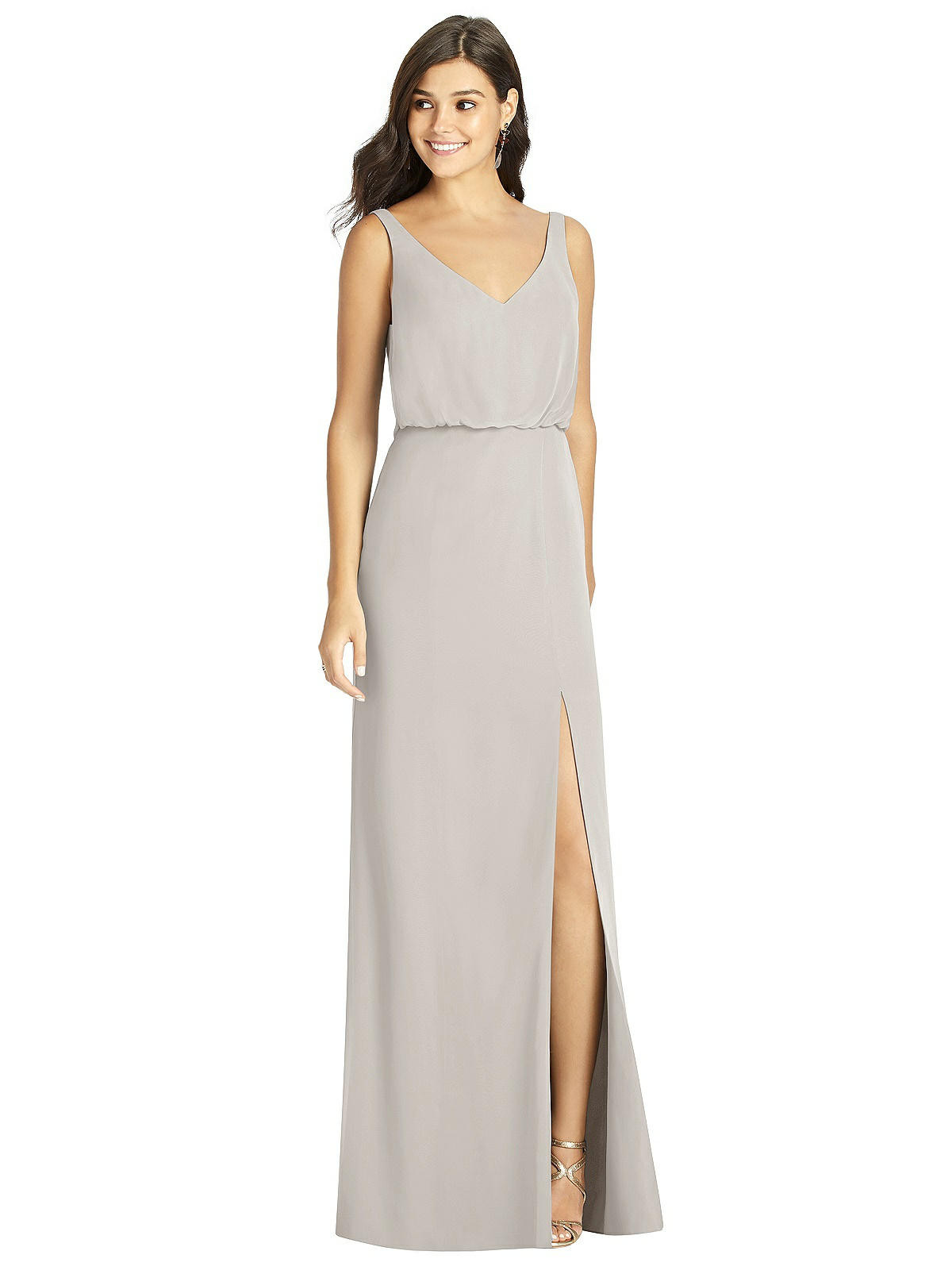 Blouson Bodice Mermaid Dress with Front Slit in Oyster | The Dessy Group