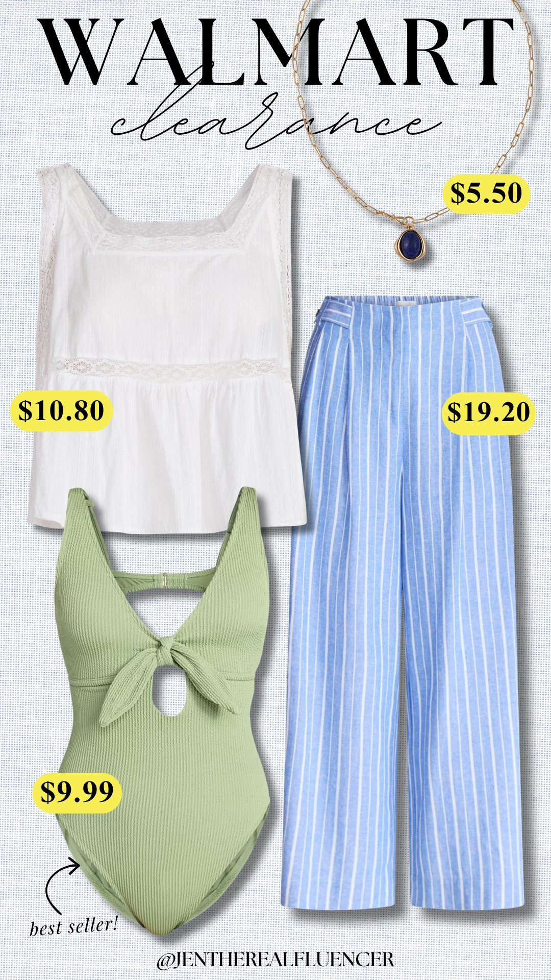 New Walmart Clearance Summer Finds

Green One-Piece Swimsuit, Blue Striped Linen Pants, White Linen Tank Top 

 #LTKSaleAlert #LTKSwim #LTKTravel