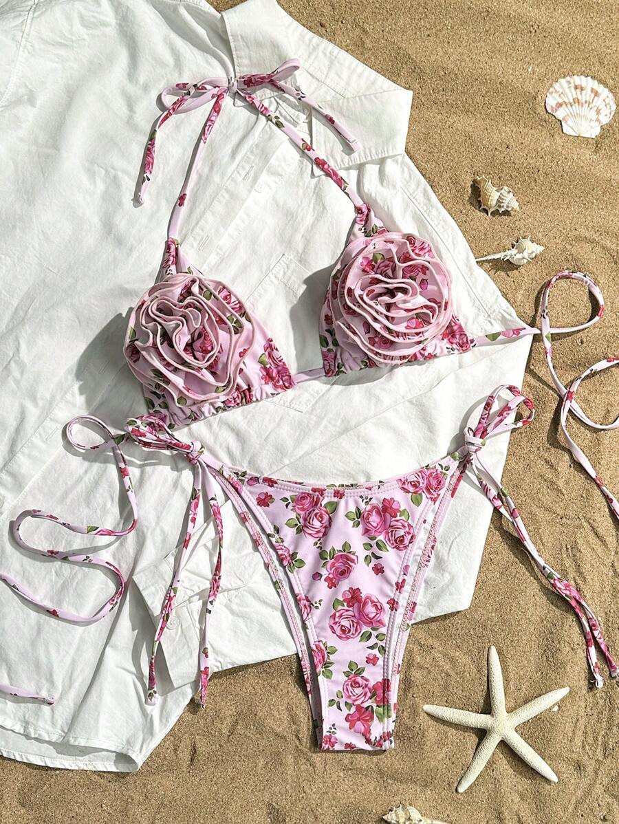 SHEIN Swim Summer Beach 3D Flower Print Halter Triangle Cup Bikini Separates Set | SHEIN