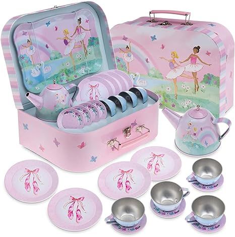 Jewelkeeper 15 Piece Girls Pretend Toy Tin Tea Set & Carrying Case - Ballerina Design | Amazon (US)