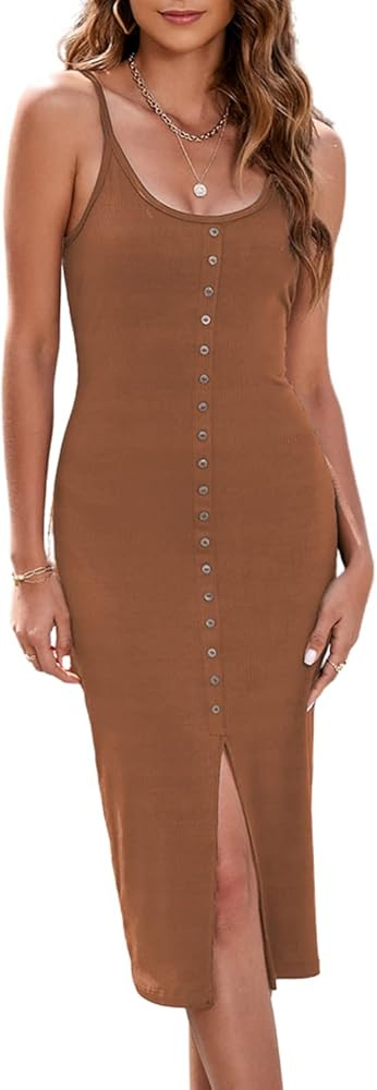 Raikamitu Women's Sexy Bodycon Tank Dress Button Down Sleeveless Basic Midi Club Dresses with Front  | Amazon (US)